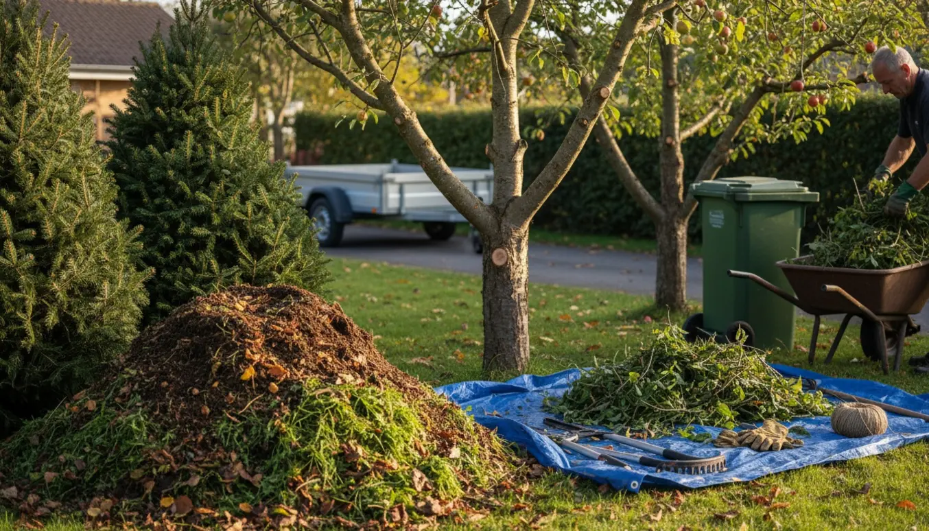 Stor kompostbunke og beskårne æble- og kirsebærgrene samlet i en have klar til bortkørsel.