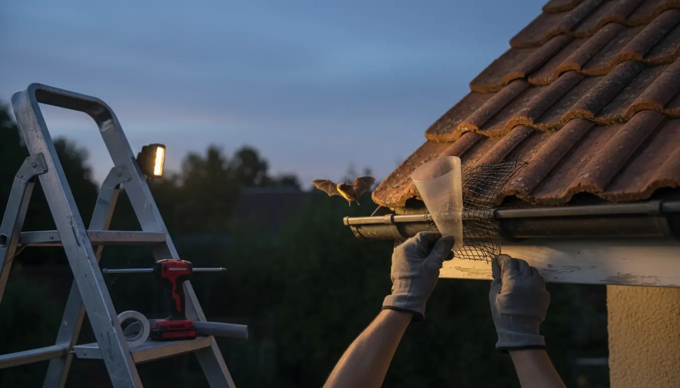 Hænder monterer en envejs udslusningskonus under husets tag, mens en flagermus flyver ud i tusmørket.