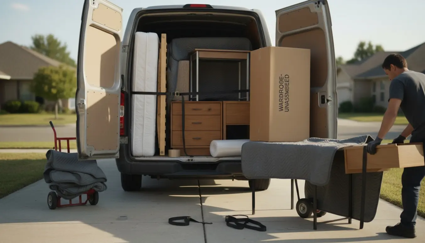 Åben varevogn i indkørsel med seng, kommode, to skriveborde og ubrugt skab i papkasse klar til flytning.