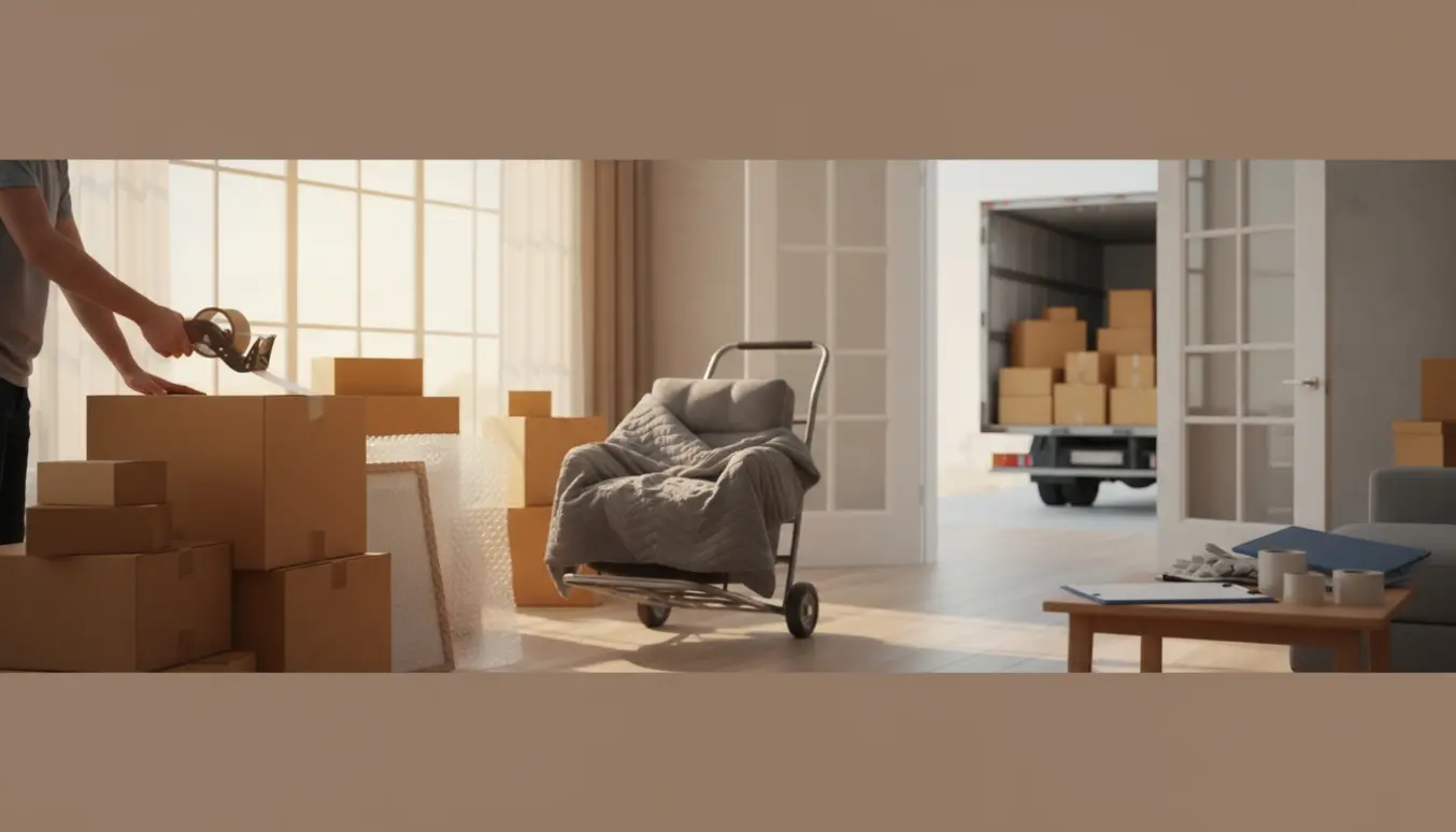 Flyttescene med flyttekasser, bobleplast og en åben flyttevogn, mens hænder pakker og slørede papirer antyder forsikring.