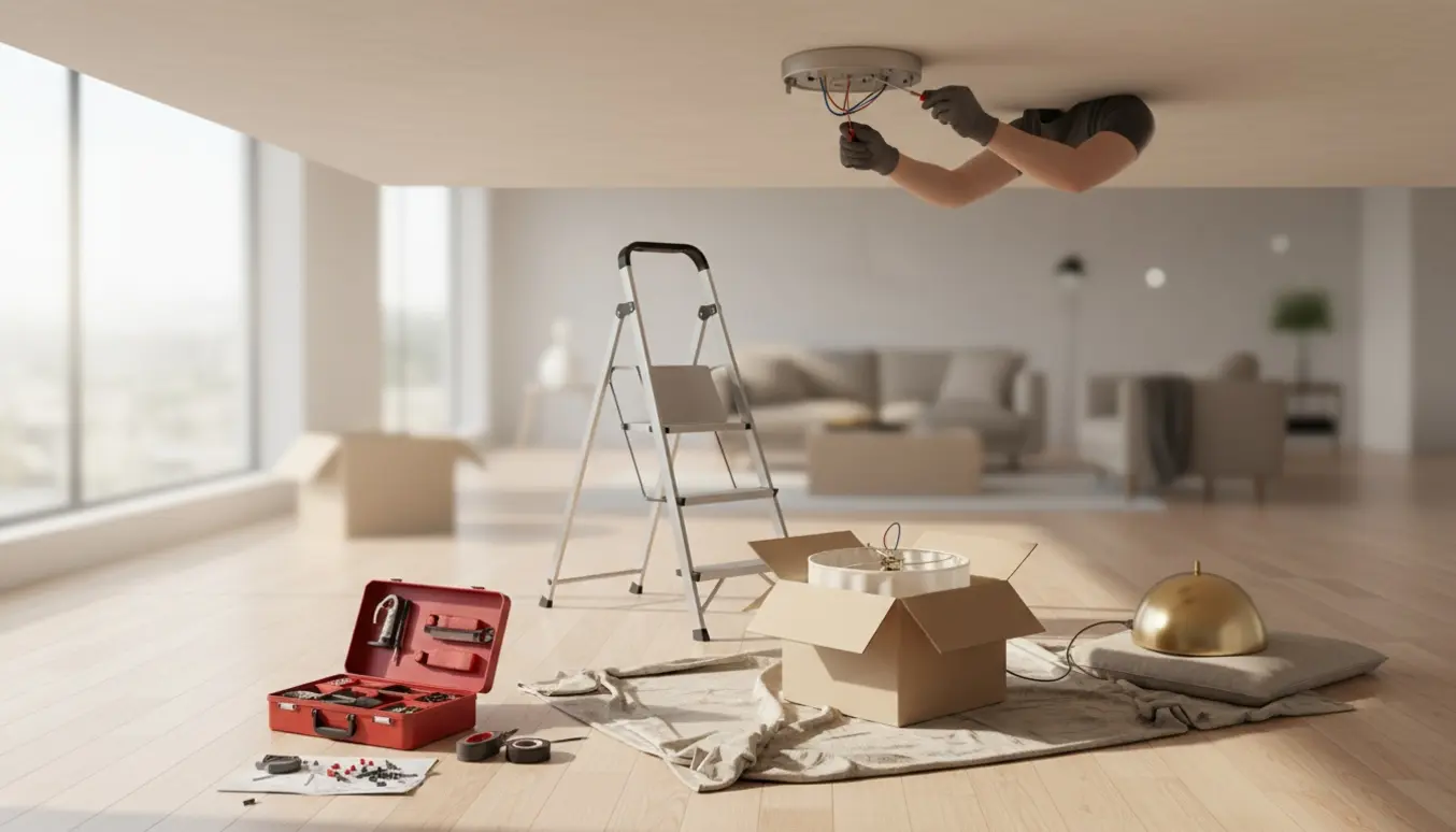 Tre forskellige loftlamper under installation med værktøj og en stige i et lyst rum.