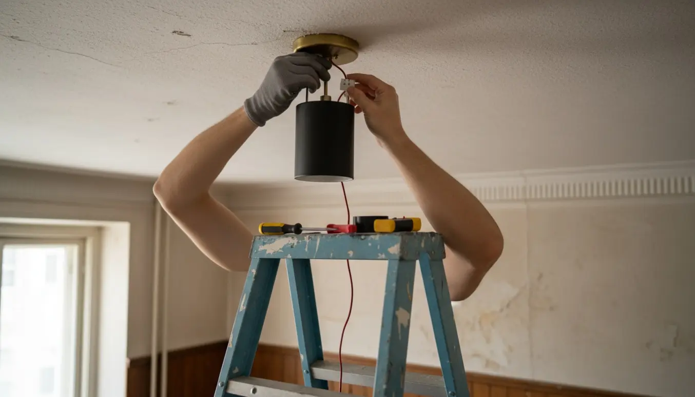 Hænder monterer en pendel i en ældre lejlighed med lavt 2,5 m loft, stige og værktøj i forgrunden.