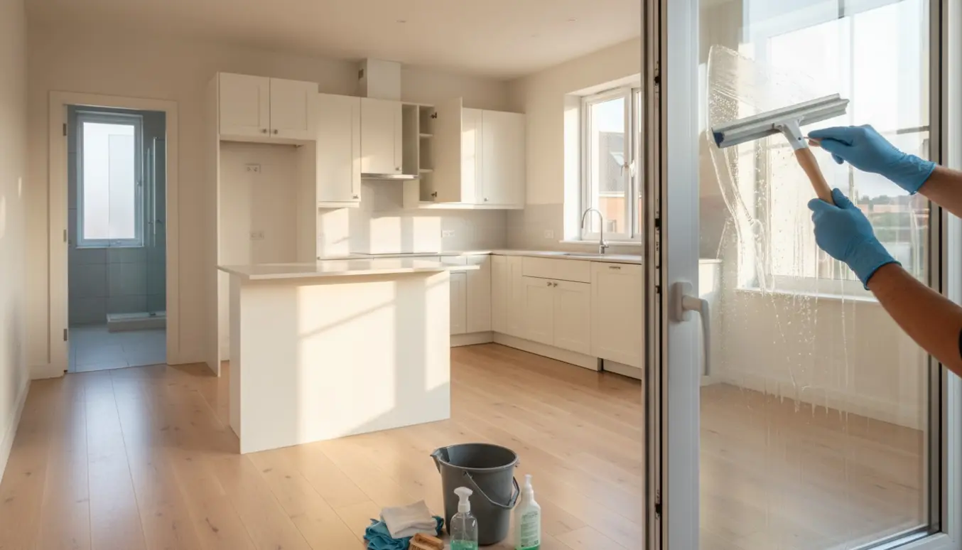 Tom, nypudset lejlighed med rengøringsudstyr ved vindue, skinnende køkken og badeværelse.