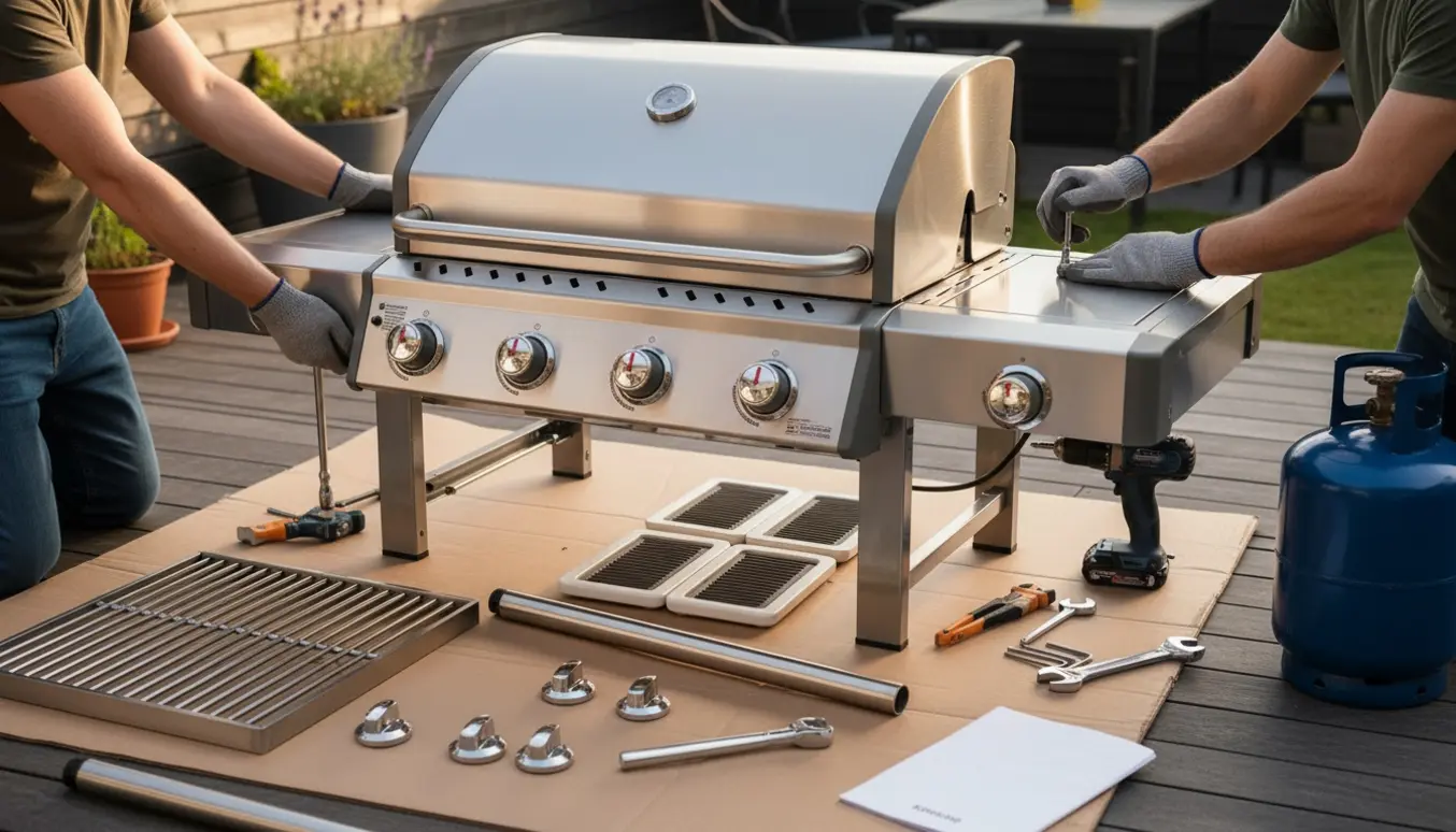 To personer samler en professionel 4-brænder gasgrill på en træterrasse med værktøj og dele organiseret omkring grillen.