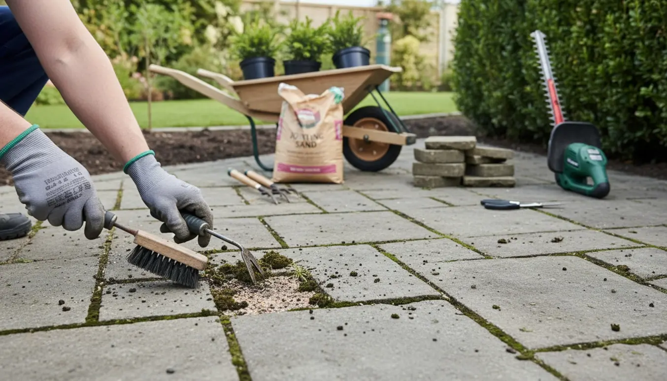 Nærbillede af havearbejde med hænder, rive og fugeværktøj, der fjerner ukrudt mellem fliser med hæk og haveredskaber i baggrunden.