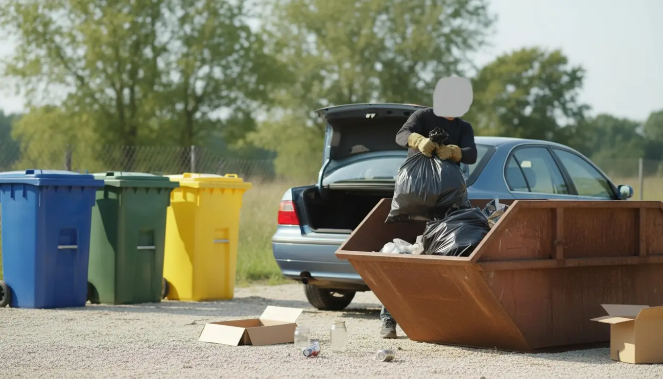 Person fra ryggen afleverer en sort affaldspose ved en genbrugspladssilo på en solrig formiddag.