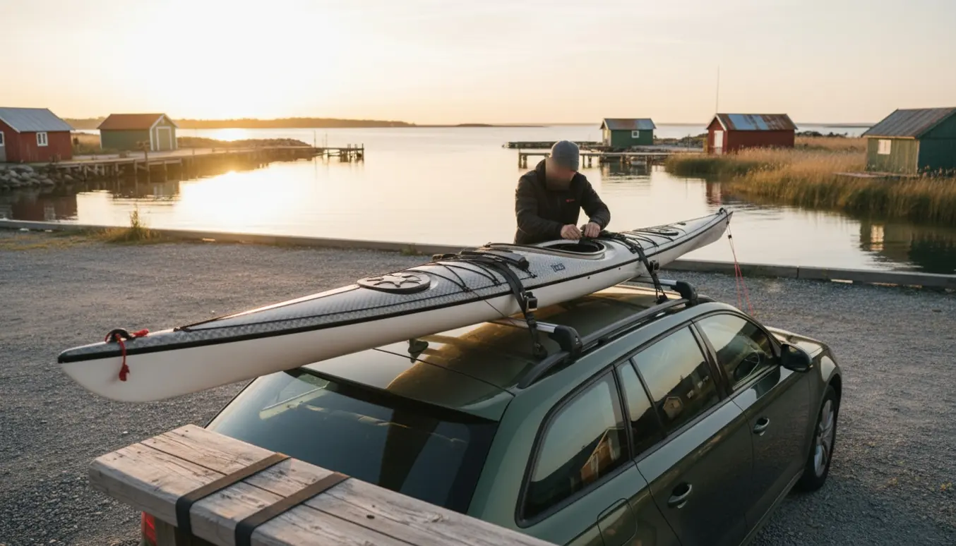 Lang kajak fastgjort på en bils tag ved en rolig kysthavn, klar til transport.