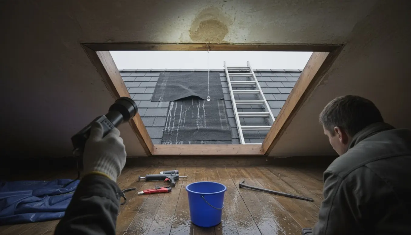En tekniker inspicerer et utæt loft gennem en åben taglem, med dryppende vandskade og værktøj ved siden af.