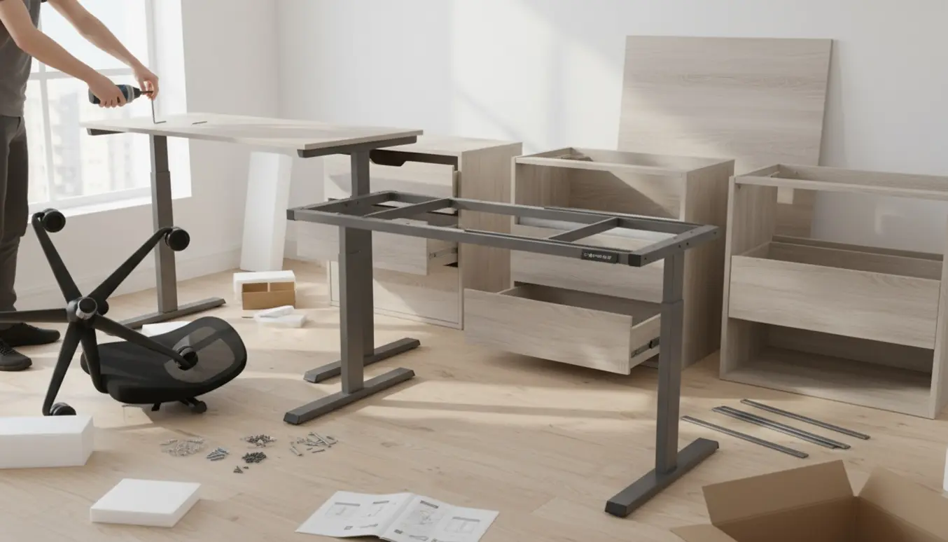 Nærbillede af samling af to kommoder, et hæve-/sænkebord og en kontorstol med værktøj og åbne papkasser i et lyst rum.