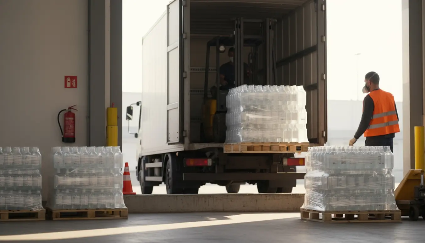 Paller med ulabelerede håndspritflasker lastes i en lastbil ved et lager, medarbejdere i sikkerhedsudstyr uden tydelige ansigter.