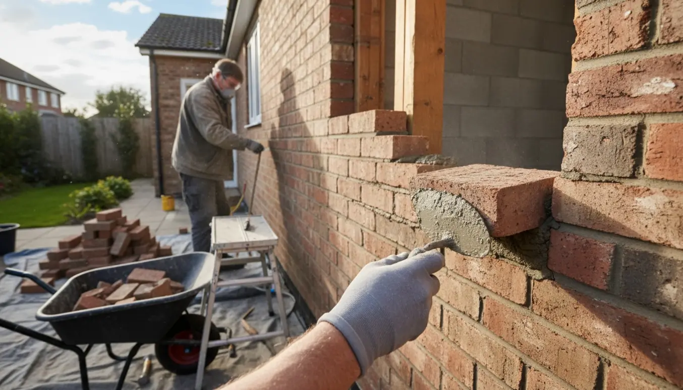 Håndværker sætter ny mursten i en delvist nedrevet husmur, med redskaber og bunker af mursten i baggrunden.