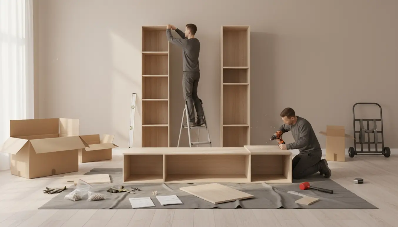 To høje IKEA-skabe samles i et lyst rum med værktøj og monteringsdele spredt rundt.