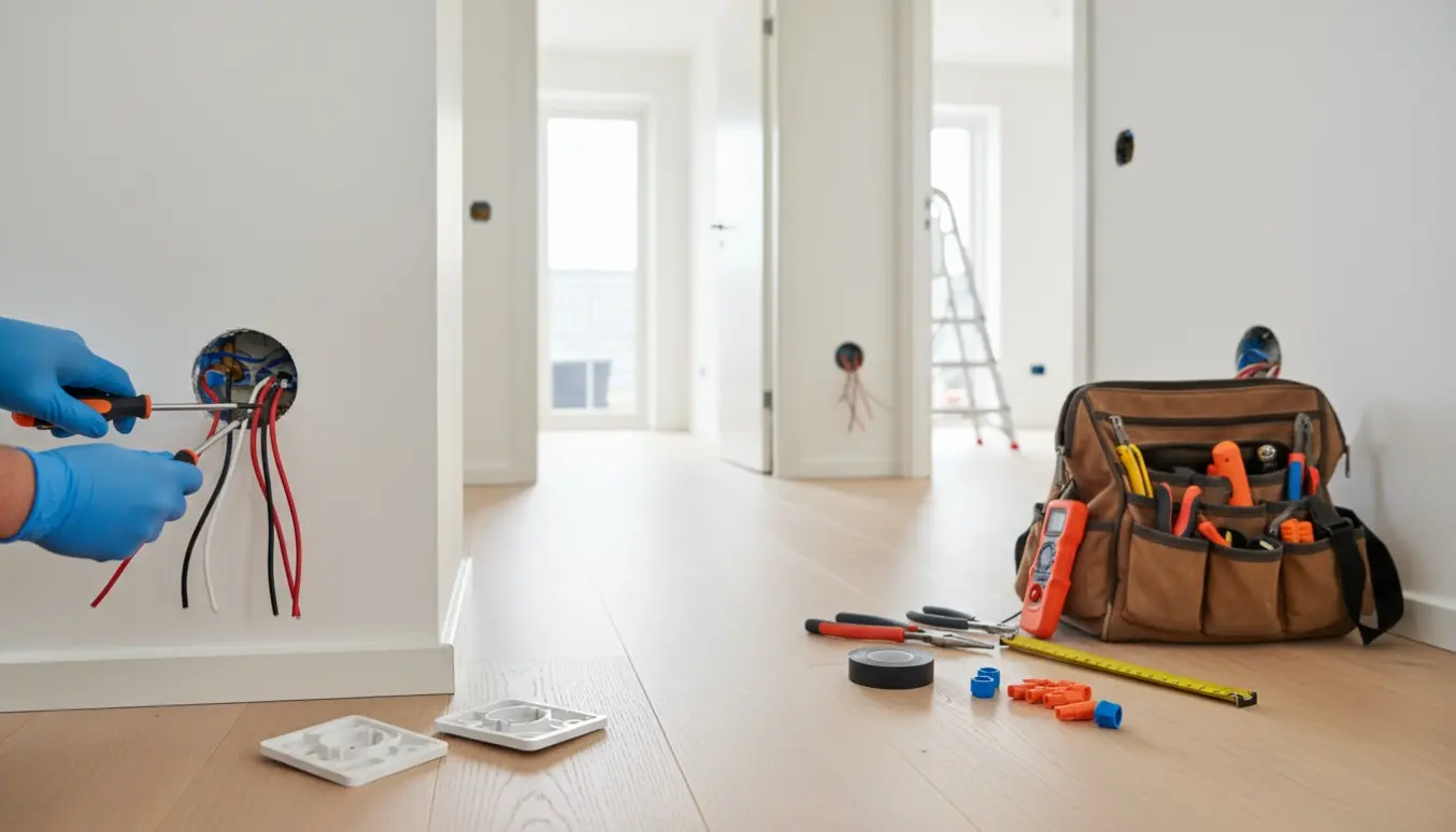 Hænder reparerer en åben vægstikkontakt i et lyst dansk hjem med værktøj og en åben værktøjstaske i baggrunden.