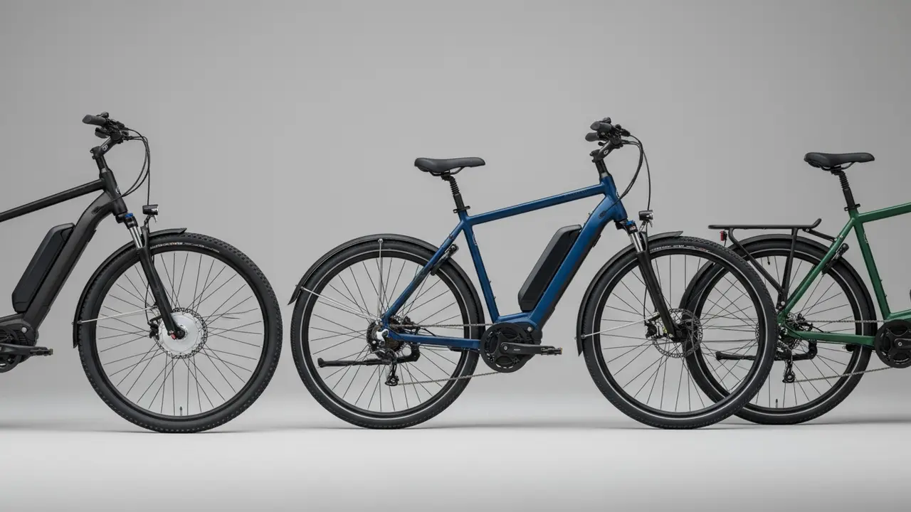 Tre e-cykler side om side, tydeligt vist for-, bag- og centermotorer