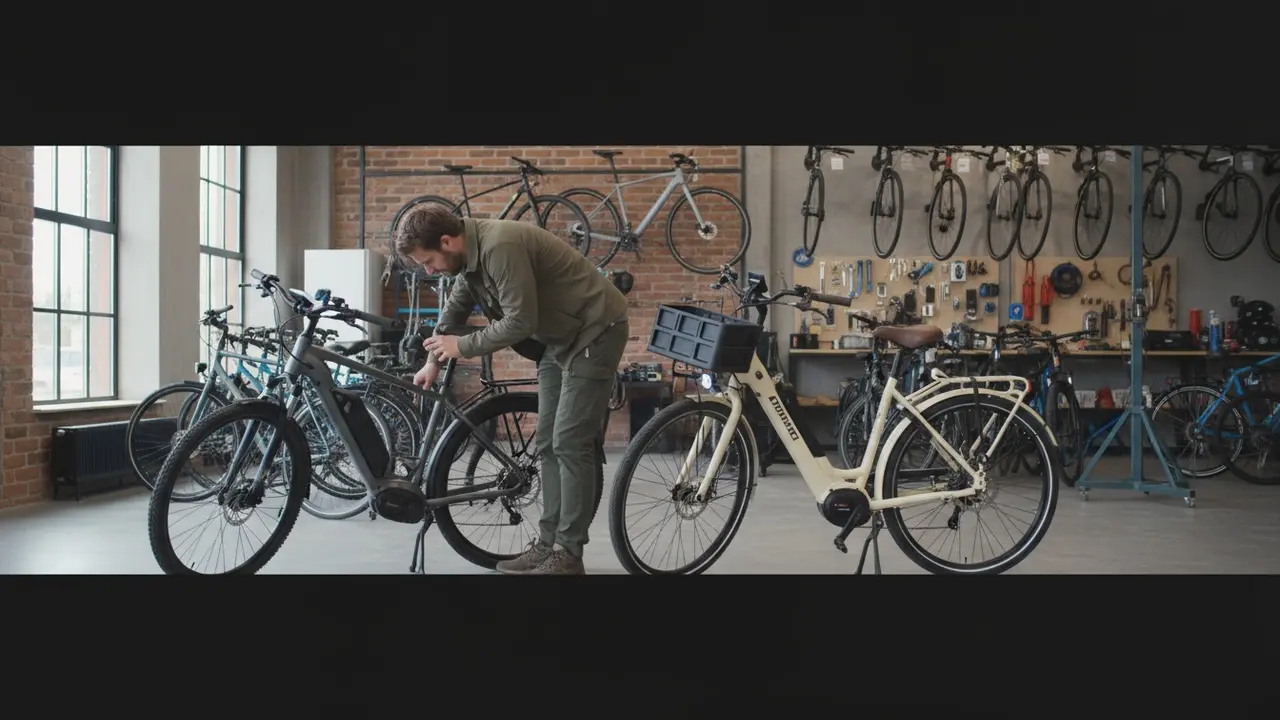 Person i cykelbutik sammenligner batteri og display på to elcykler