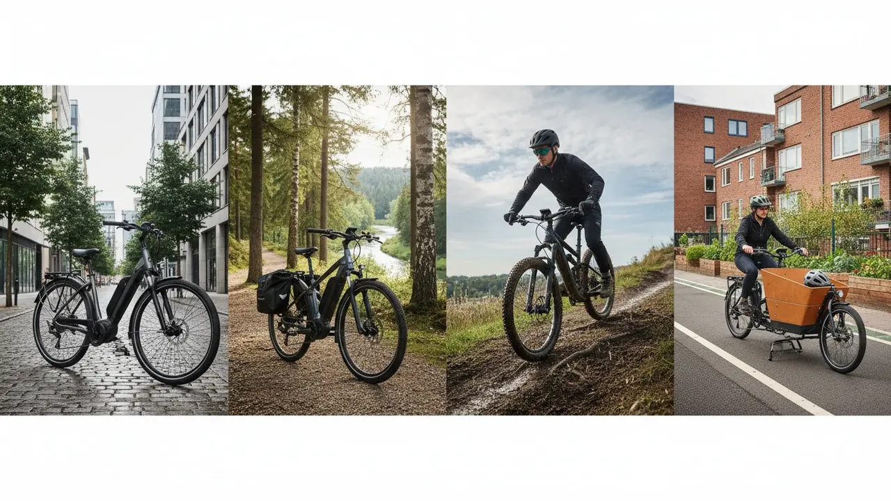 Forskellige elcykeltyper: by-, trekking-, mountain- og ladcykel i passende omgivelser