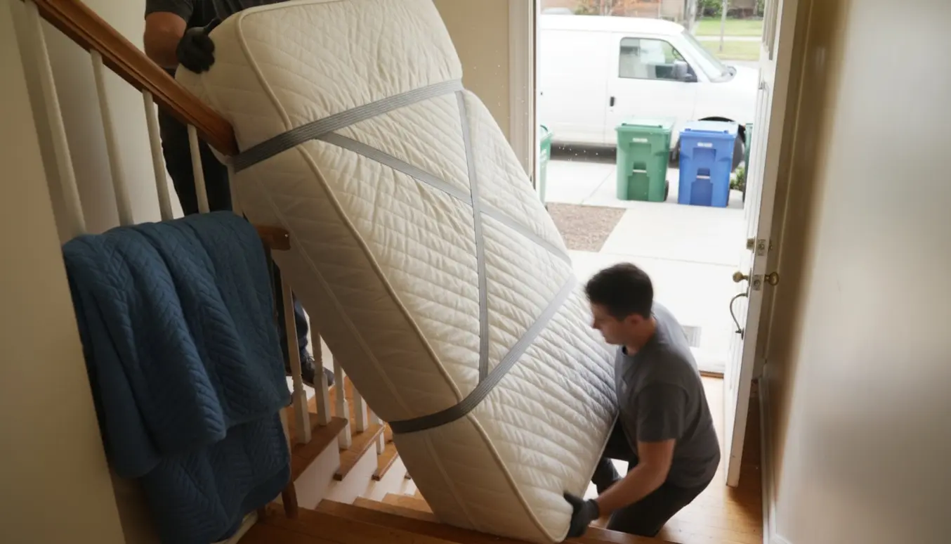 To personer bærer en stor boksmadras ned ad en trappe mod en flyttevogn og genbrugsplads.