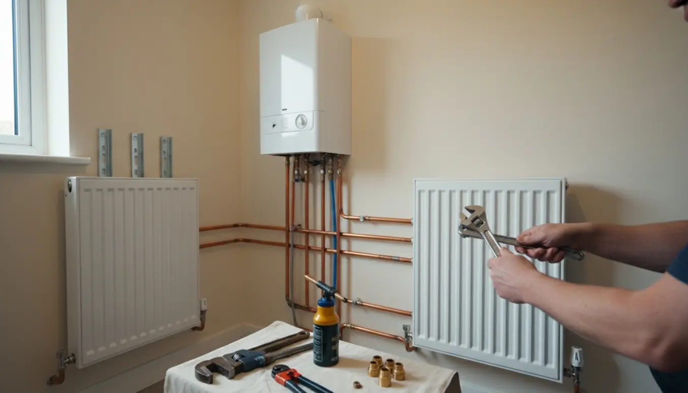 Håndværker strammer radiatorventil foran et nyinstalleret gasfyr i et ryddeligt bryggers.