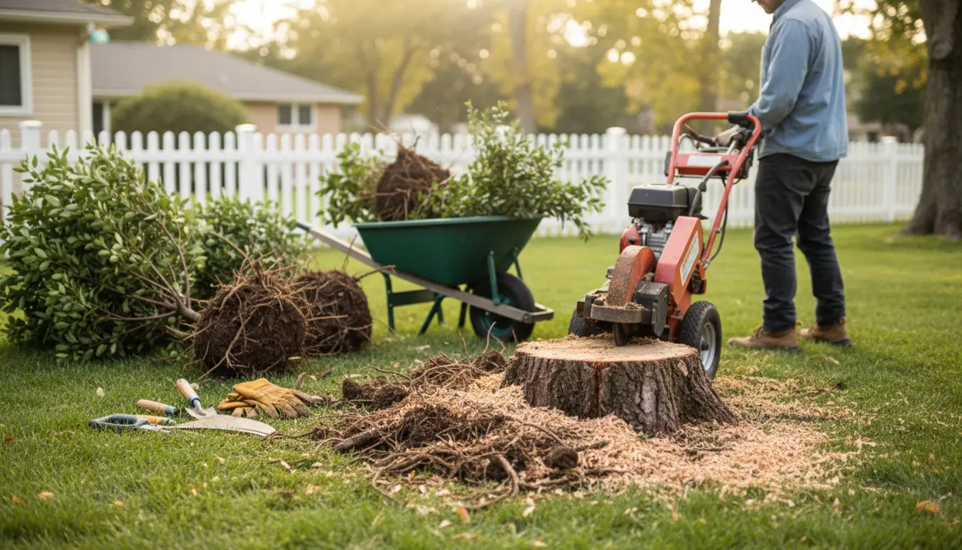Stumpfræser ved en frisk fræset træstub i forhaven med opgravede buske og redskaber samlet ved siden af.