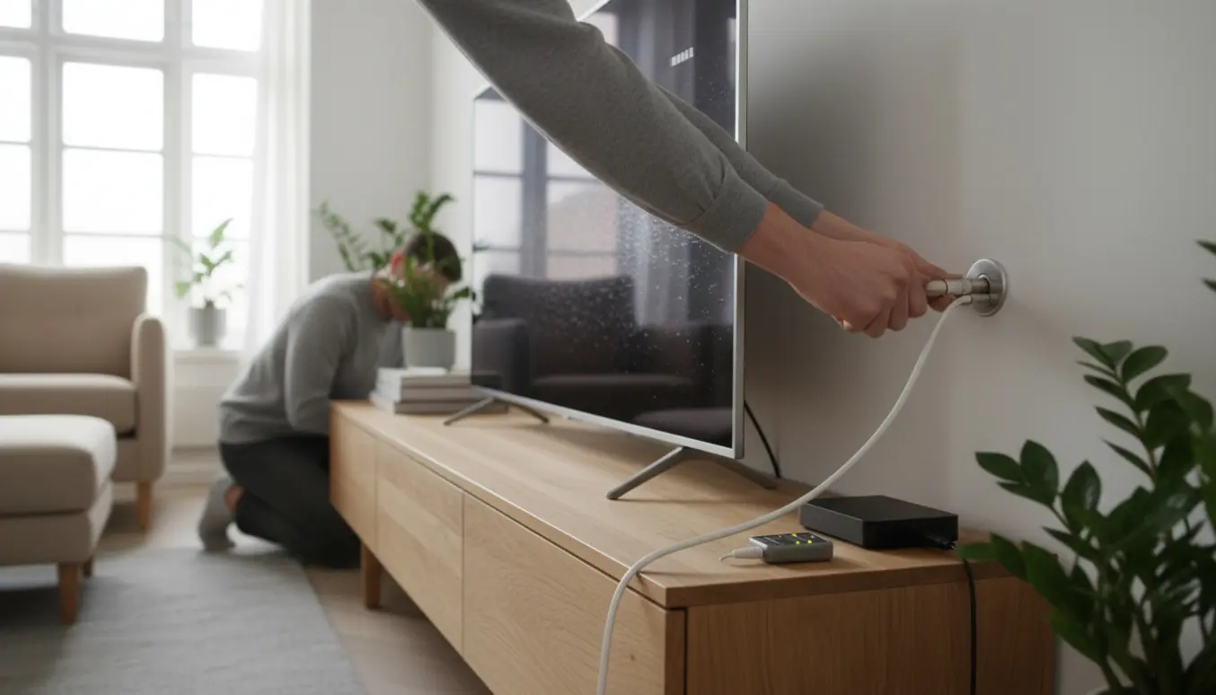 Hænder, der tilslutter antennekabel til et smart-tv i en stue med svagt signal.