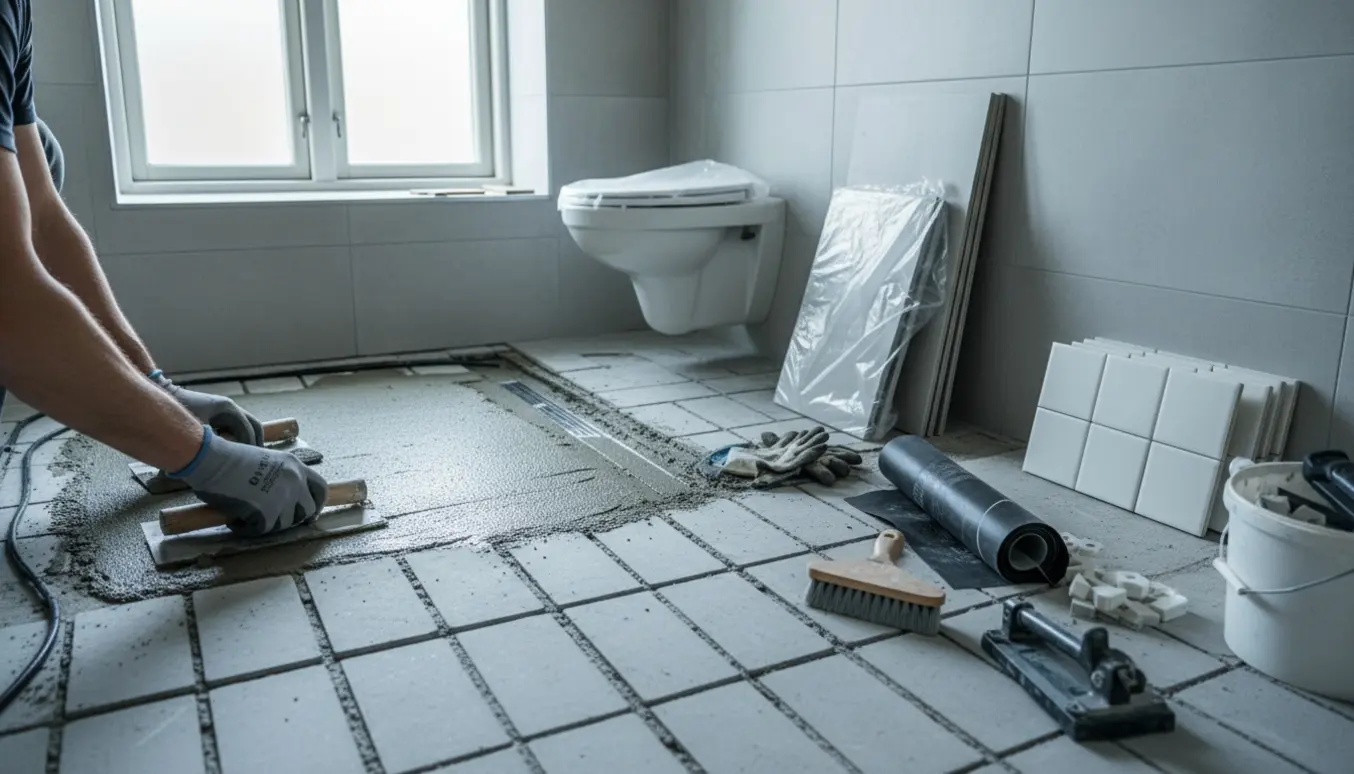 Badeværelse på 5 m² under renovering med svaleplader, synligt afløbsrør, fliser og vådrumsmaterialer.