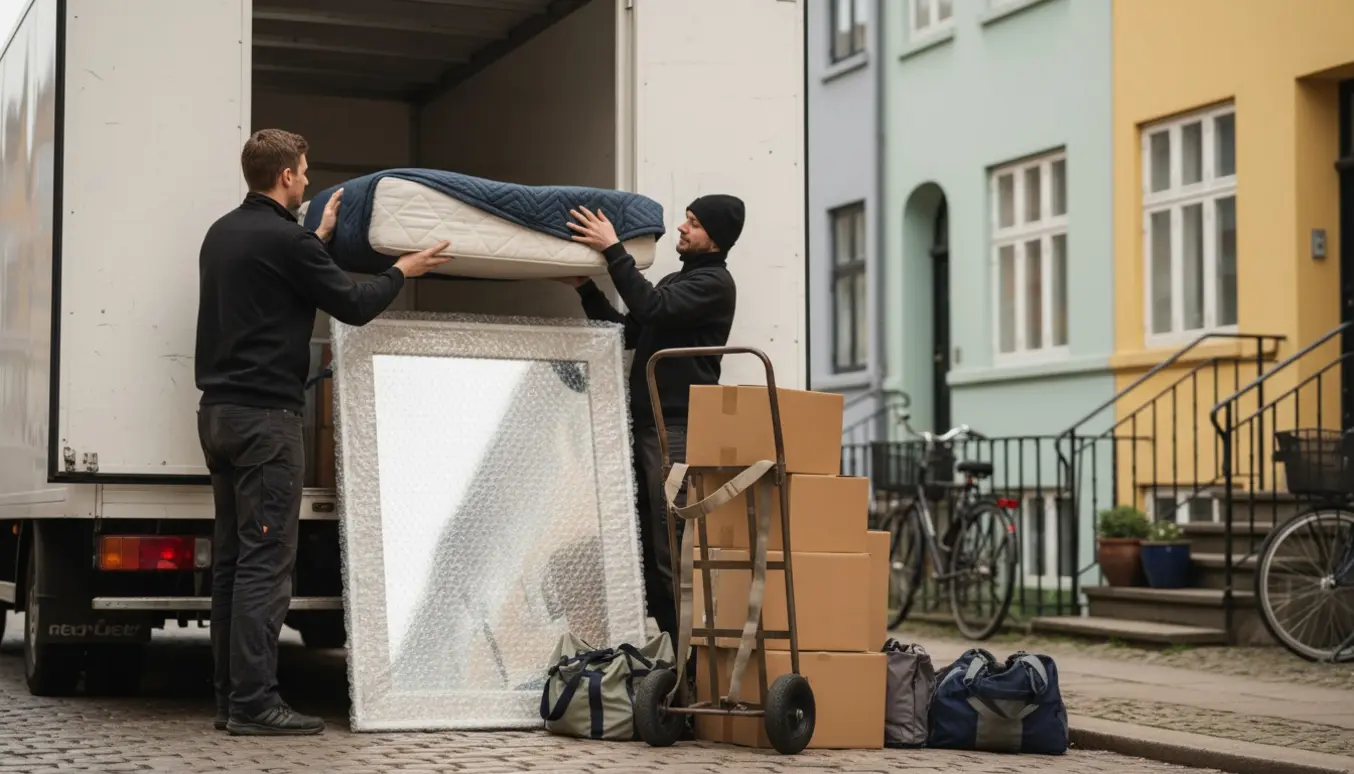 Flyttefolk læsser en dobbeltseng, indpakkede spejle og kasser ind i en anonym flyttevogn på en gade i København.