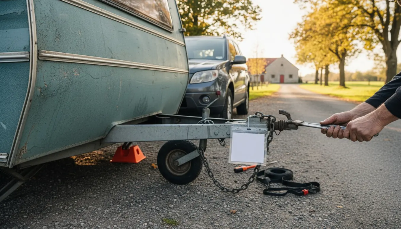 Hænder sikrer en ældre campingvogn til en trækkrog med værktøj og slukket/udvisket prøveplade.