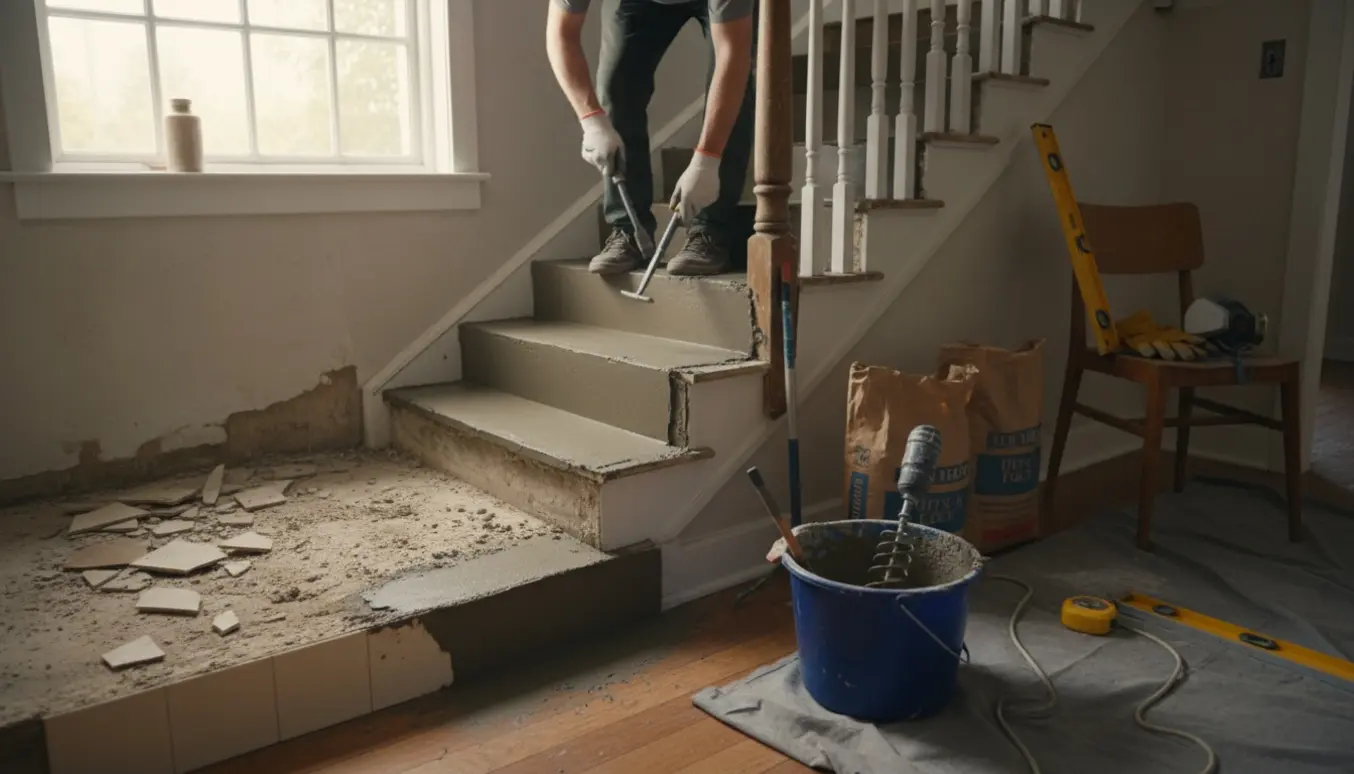 Bred hovedtrappe under renovering med delvist fjernede fliser, nymørtlede trin og værktøj i forgrunden.