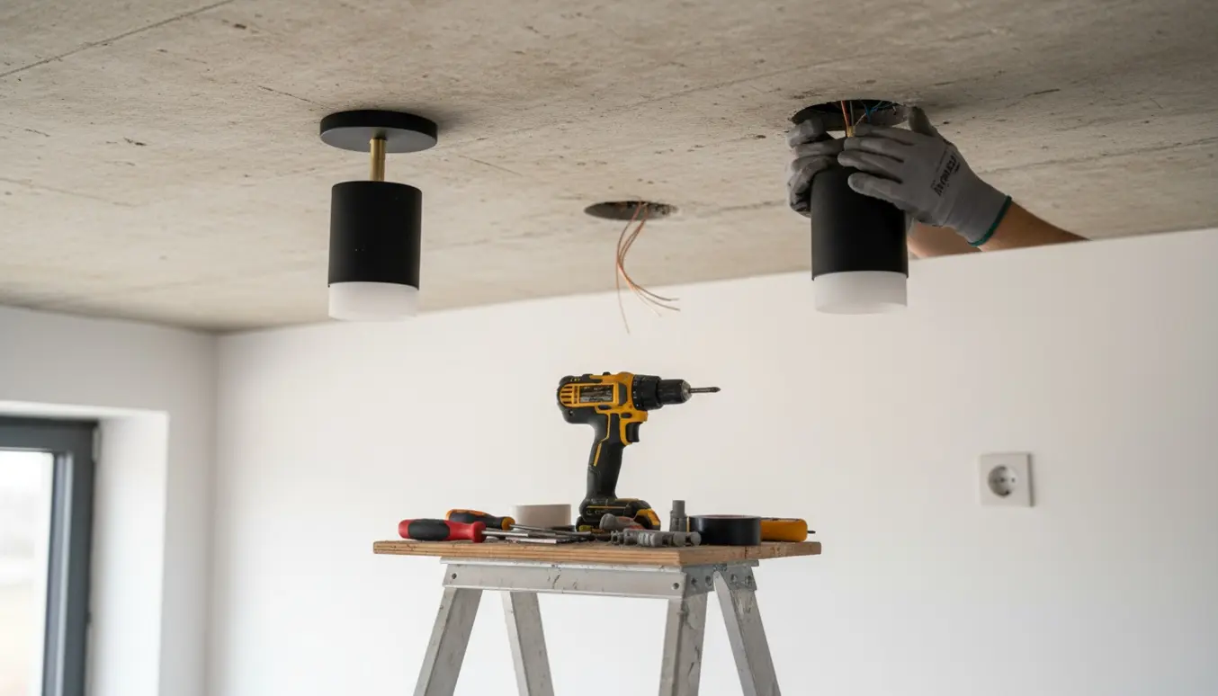 To loftslamper monteres i et betonloft tæt ved et el-udtag, med værktøj og hænder på en stige.