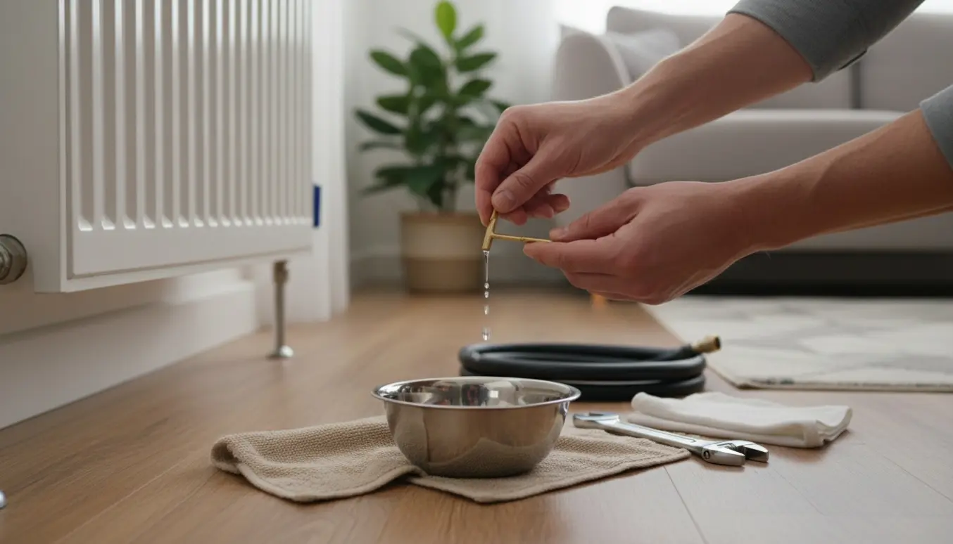Hænder udlufter en radiator med en nøgle, mens vand drypper i en skål på gulvet i en lys stue.
