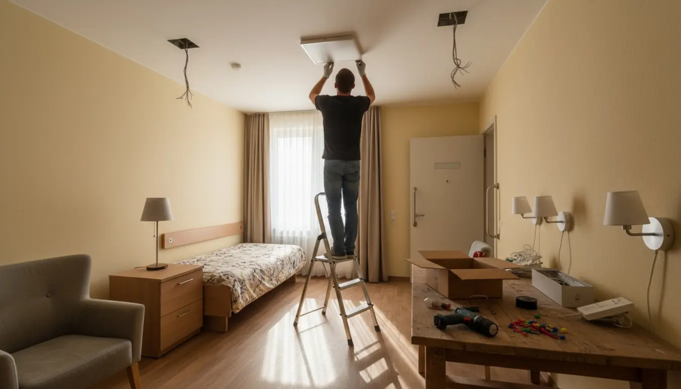 Håndværker på stige installerer lofts- og væglamper i en ryddet 65 m² plejehjemsbolig.