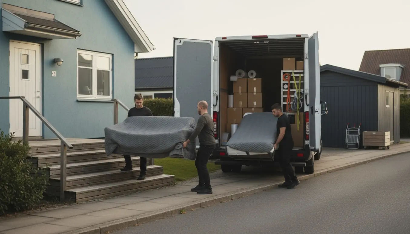 Flyttefolk bærer en indpakket sofa ned ad trætrappen mod en åben flyttebil ved en to-etagers lejebolig.