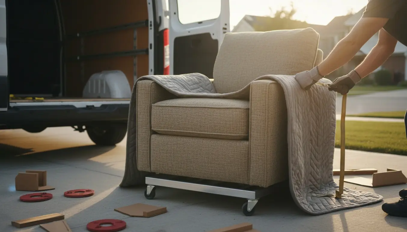 En lænestol pakket i flyttetæpper og sikret med remme, klar til at blive læsset ind i en varebil.