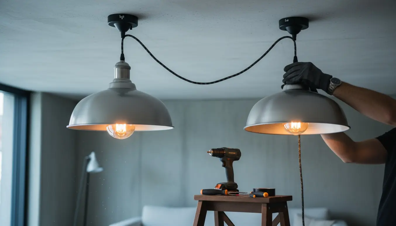 To industrilamper monteres i loftet med synlige værktøjer og hænder, én lampe er tændt.