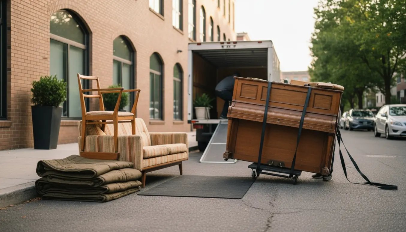 Klaver, sofa og to stole læsses ved fortovet ved en stueetageejendom uden trapper.