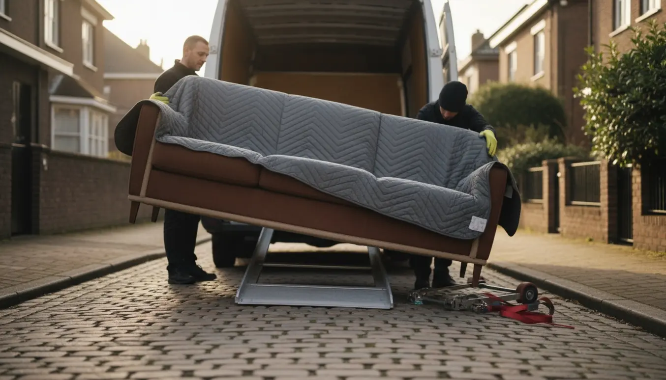 To flyttemænd løfter en lang sofa ind i en flyttebil på en brostensbelagt gade.