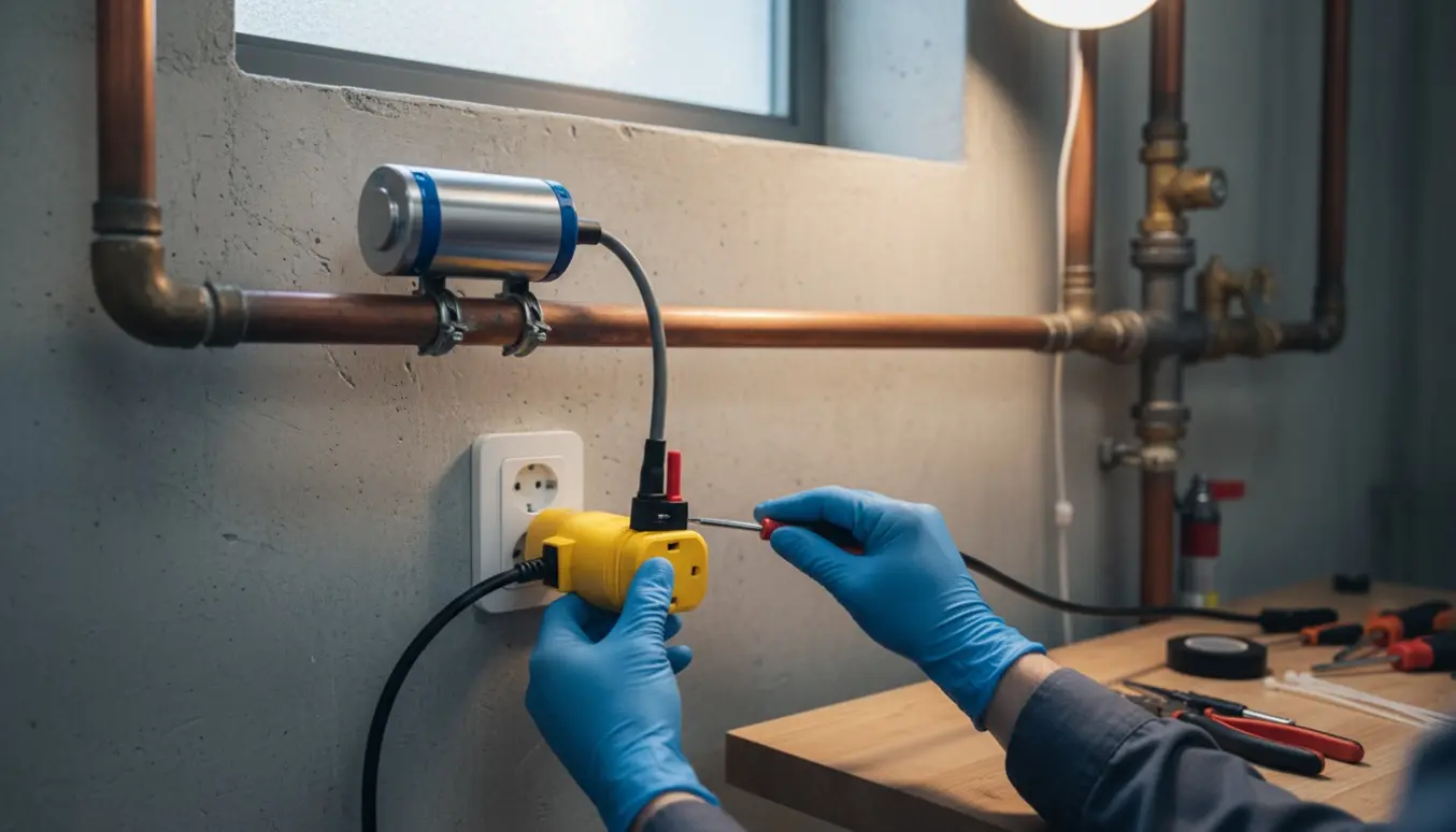 Hænder monterer en midlertidig strømafgrening til en kalkknuser på hovedvandledningen i et teknikrum.