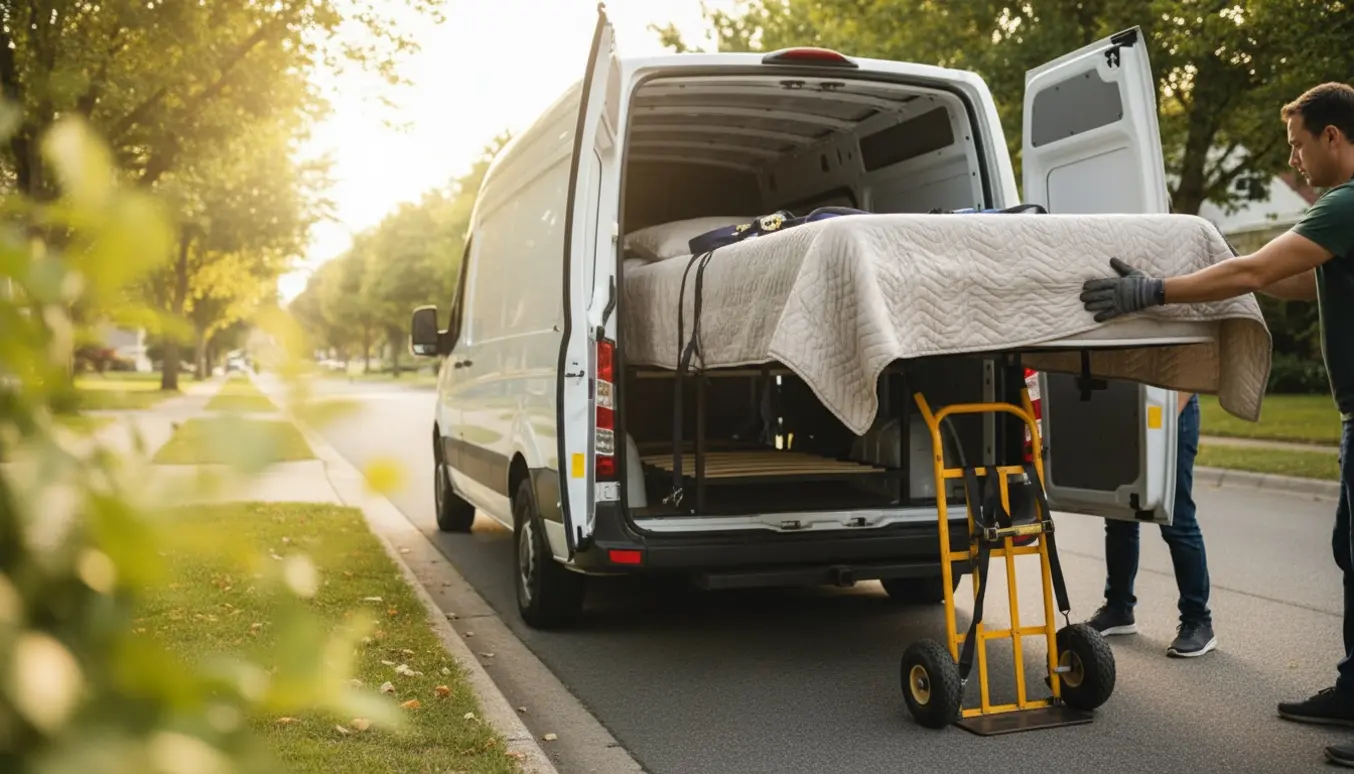 En smal dobbeltseng pakket og sikret i en varevogn på en stille forstadsgade.