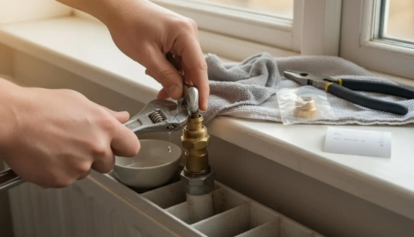 Nærbillede af hænder, der løsner en fast paklås på en radiator med værktøj og en ny messingpaklås ved siden af.