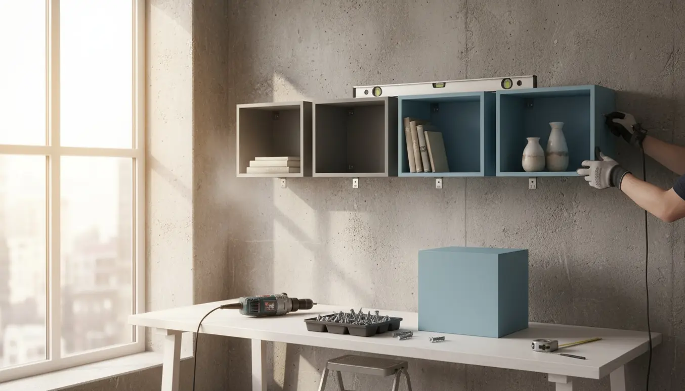 Hænder monterer fire modulreoler over et skrivebord på en betonvæg med bor, rawlplugs og vaterpas.