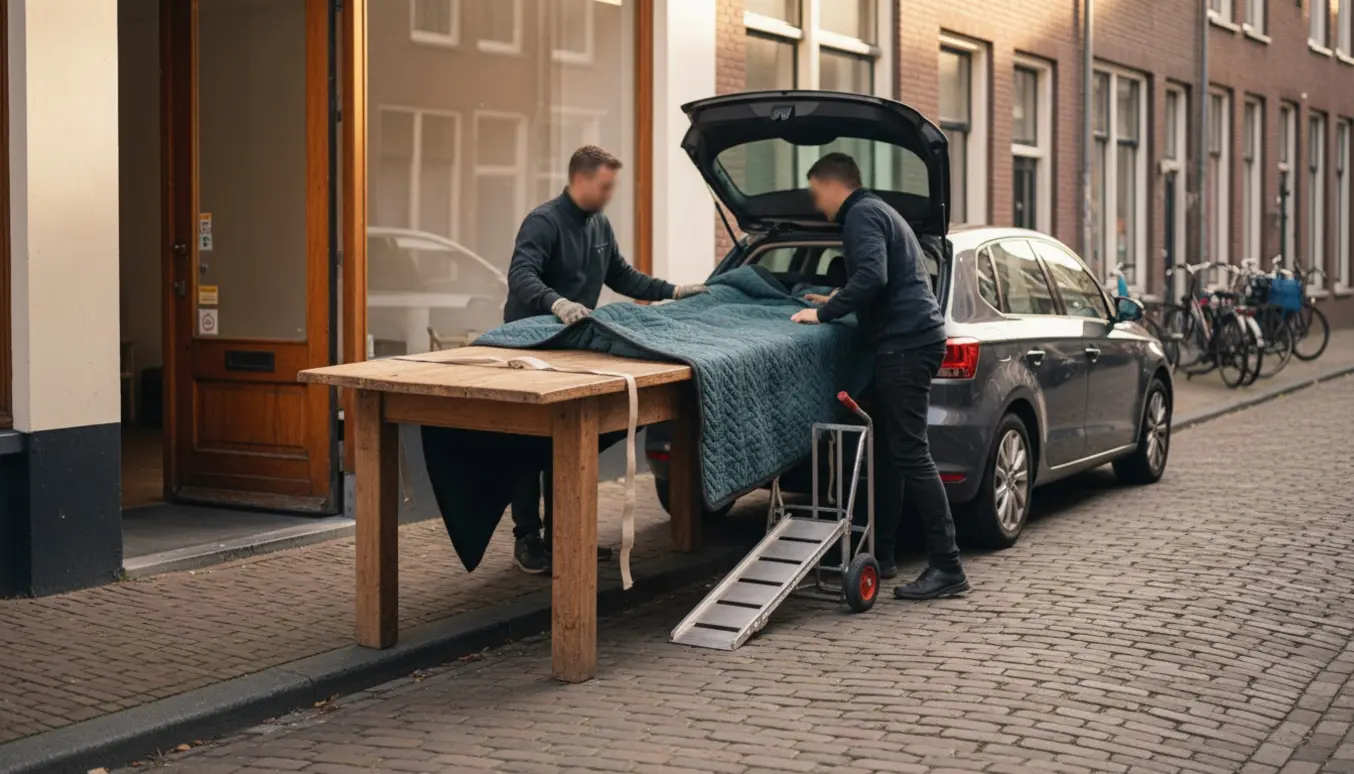 Et langt spisebord løftes fra en butik i stueetagen og placeres i en åben bil ved kantstenen.