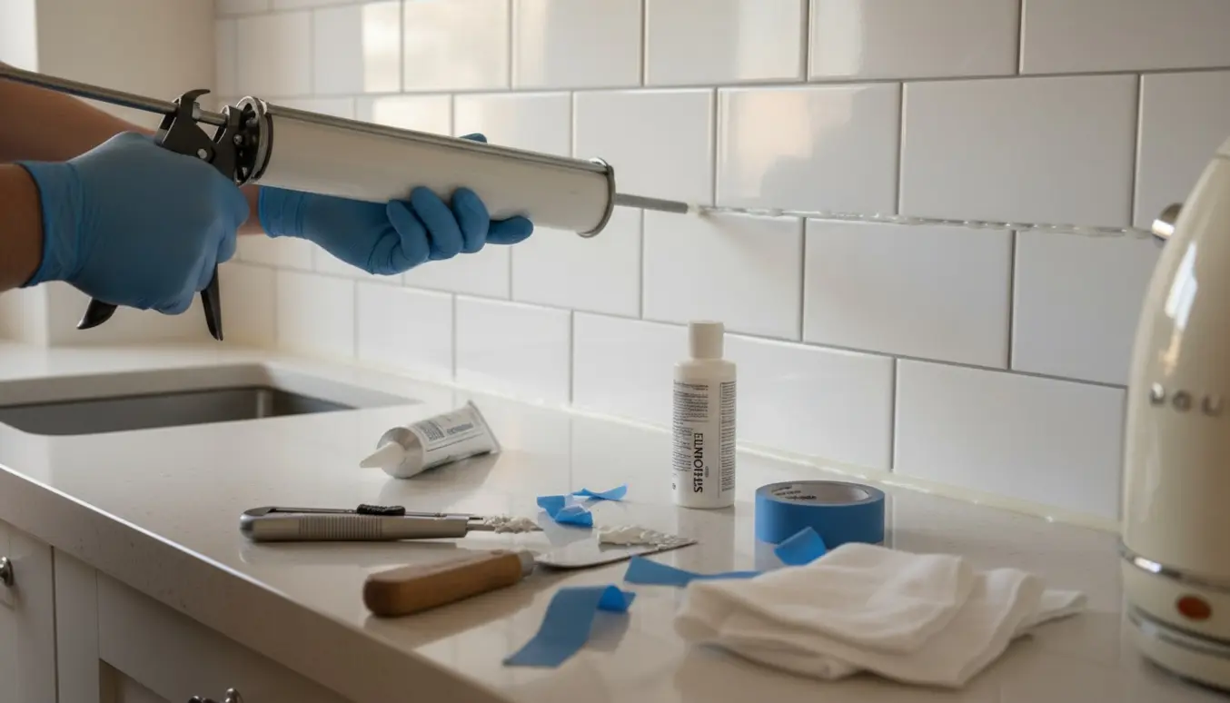 Nærbillede af en hånd, der påfører ny silikone langs top- og bundfuger ved en køkkenflisevæg.