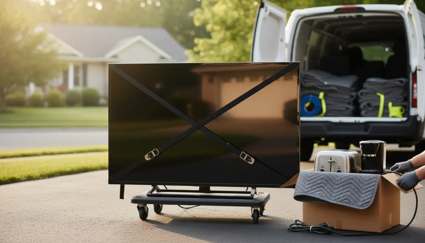 42-tommer TV på sækkevogn klar til afhentning sammen med en brødrister og en espressomaskine ved indkørslen.