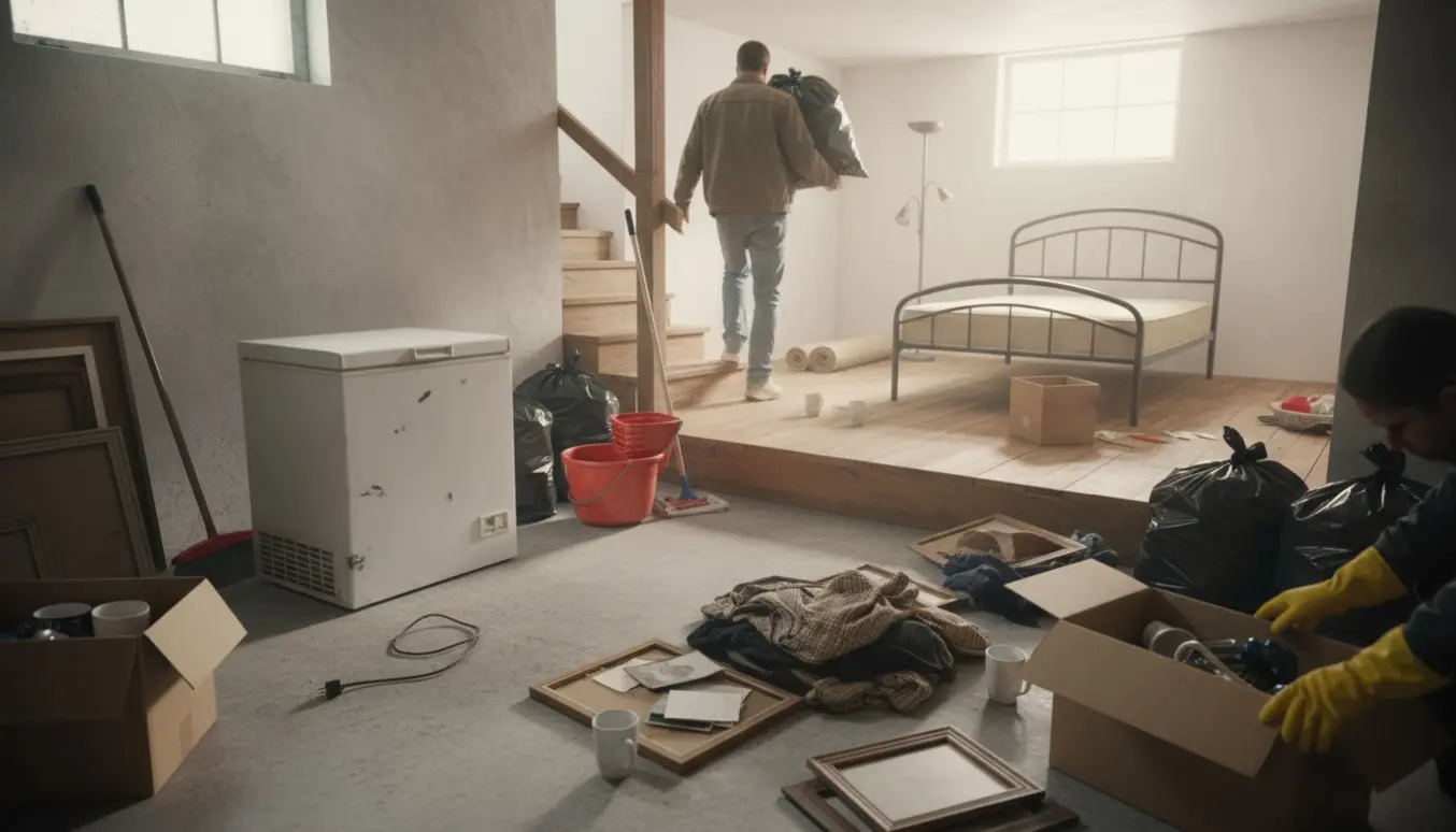 Kælder og førstesals soveværelse under oprydning med kasser, affaldssække og en gammel lille fryser.