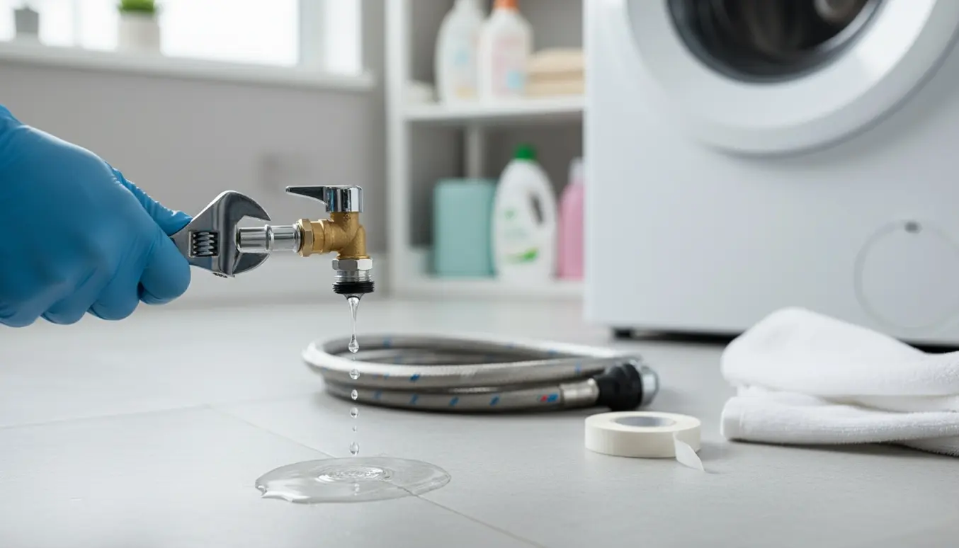 Utæt Aquastopslange drypper ved Ballofix-ventilen i et bryggers, med værktøj klar til udskiftning.