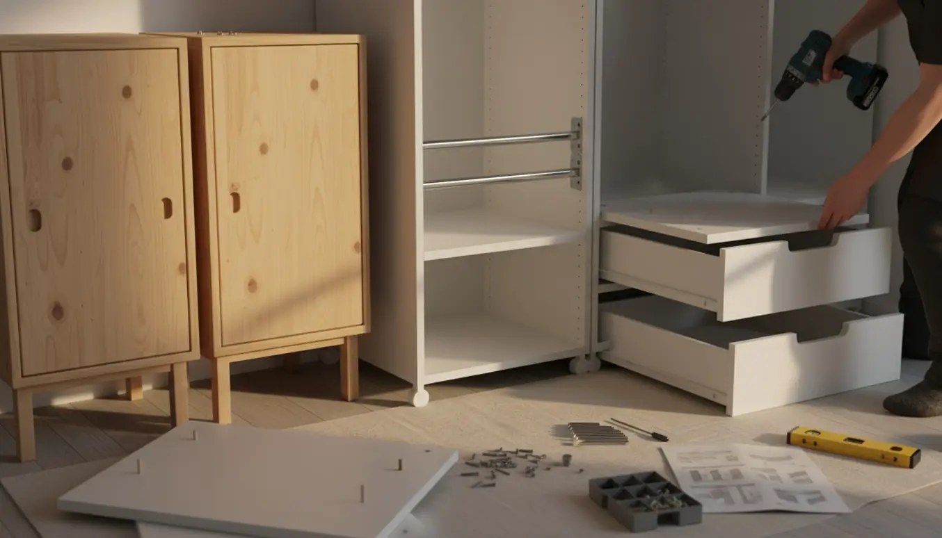 Delvist samlet PLATSA-garderobe og IVAR-skap på ben med værktøj, mens garderobestangen fastgøres.