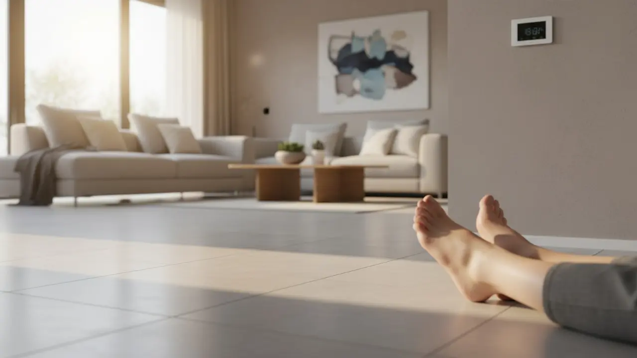 Moderne stue med gulv og bare fødder, som illustrerer komfort fra gulvvarme