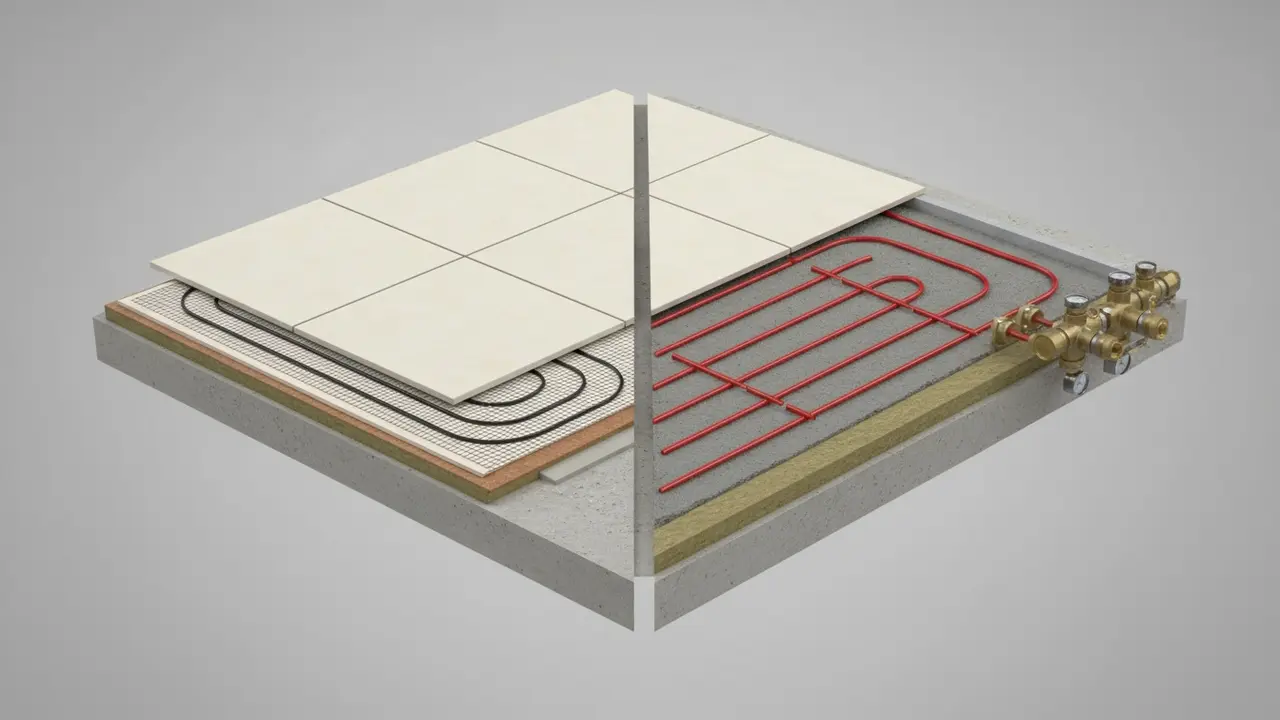 Tværsnit med elektrisk varmemåtte til venstre og vandbaserede slanger og manifold til højre