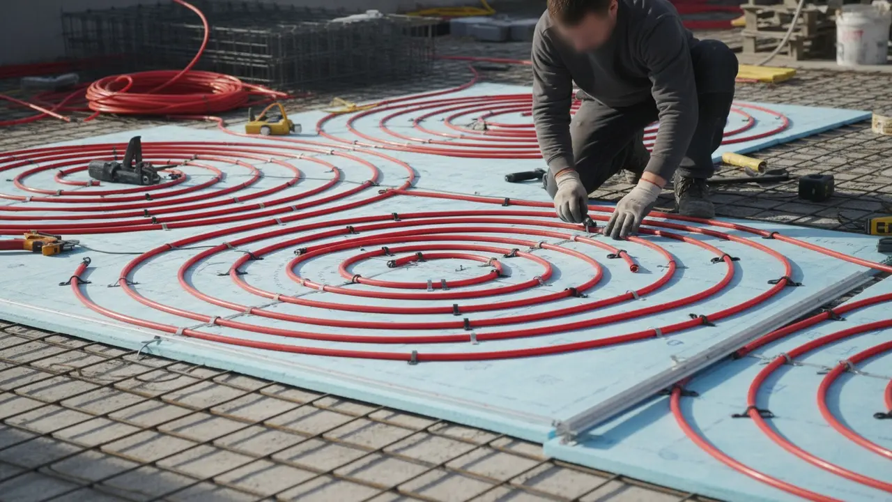 Installatør fastgør varmeslanger i slyngemønster på isoleringsplader med clips