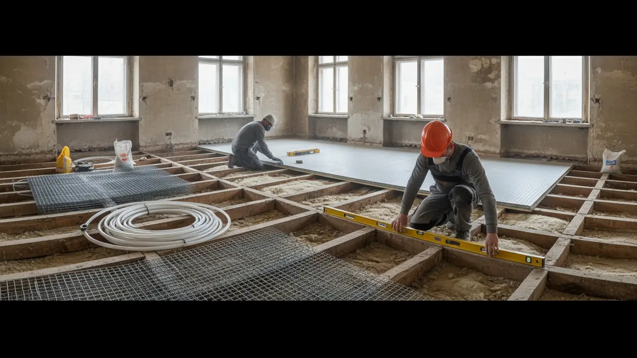 Ældre hus med fjernet gulv, undergulv og isolering klar til gulvvarmeinstallation